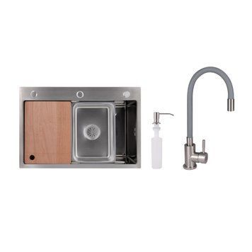 Акционный набор Lidz: мойка H6845 Decor 3,0/1,0 мм + Смеситель Aria для кухни с гибким изливом (k35) Grey SD00057363 фото