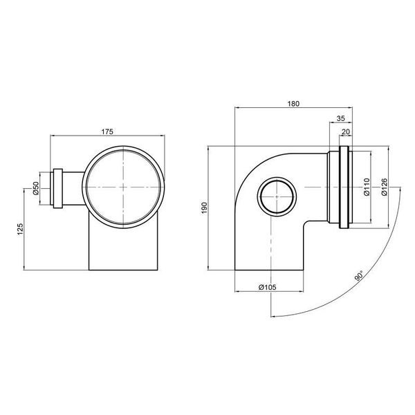 Коліно каналізаційне з відведенням TA Sewage 50х110х110, 90° (в ліво) SD00005124 фото