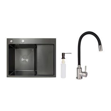 Акционный набор Lidz: мойка H6350BR интегрированная крыло справа Brushed Black PVD 3,0/1,0 мм + Смеситель Aria для кухни с гибким изливом (k35) Black SD00057372 фото