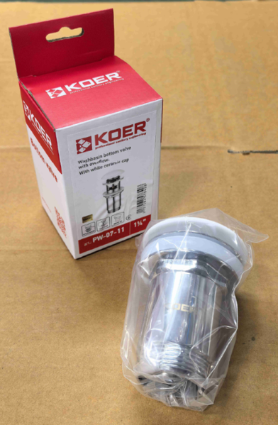 Донный клапан для раковины Koer PW-07-11 1 1/4'' с переливом автоматический СLICK-СLACK (Белая керам.накл.) (KR5784) KR5784 фото