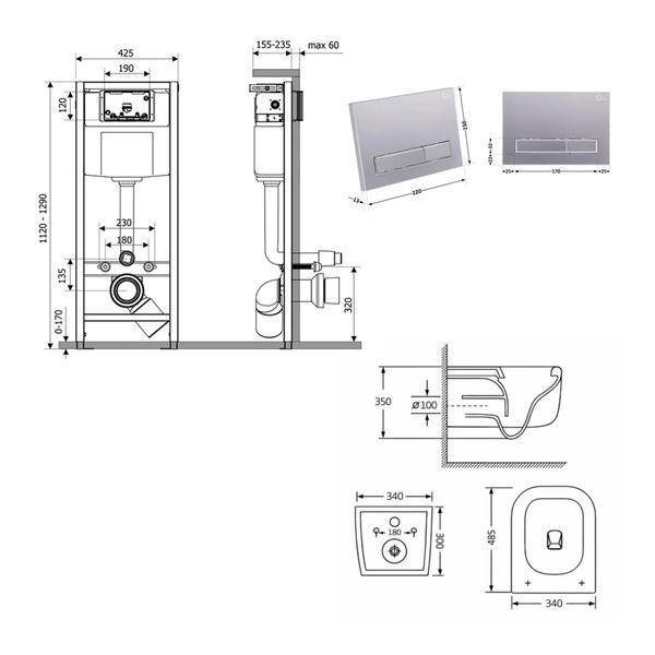 Готовое решение Qtap для ванной комнаты: подвесной унитаз Gemini Ultra Quiet 485&times;340&times;350 + комплект инсталляции Nest 4 в 1 (линейная клавиша Satin) SD00056001 фото