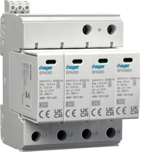 Обмежувач перенапруги Hager SPA931 T1+T2 (4P, 50kA, 1.2kV, TN-S, TT +дод.контакт) 51721/50703 фото