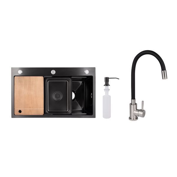 Акционный набор Lidz: мойка интегрированная Decor Black PVD Honeycomb 3,0/1,0 мм + Смеситель Aria для кухни с гибким изливом (k35) Black SD00057368 фото