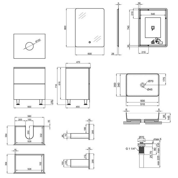 Комплект мебели для ванной Qtap тумба + раковина + зеркало QT044VI43014 SD00049128 фото