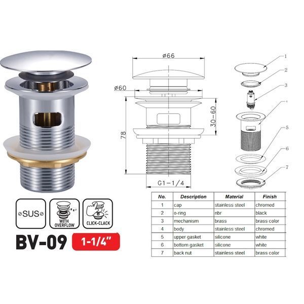 Донный клапан для раковины с переливом Zerix BV-09 1 1/4" автоматический Click-Clack (Цвет хром) (MY0414) MY0414 фото