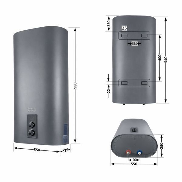 Водонагрівач електричний Thermo Alliance 80 л Grey, плоский вертикальний, мокрий ТЕН 2 кВт (0,8+1,2) DT80V20G(PD)/2G SD00055140 фото