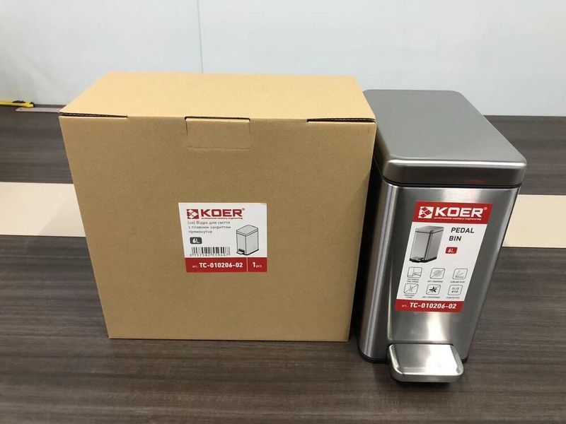 Відро для сміття з плавним закриттям прямокутне Koer TC-010206-02 6 л колір нержавійка (KR5594) KR5594 фото