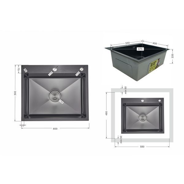 Lidz Handmade H6050HB Мойка для кухни интегрированная Decor Black PVD Honeycomb 2,5/0,5 мм LDH6050BDECPVD48371 SD00054495 фото