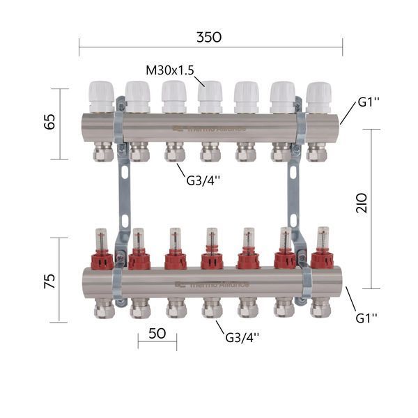 Коллектор латунный с расходомерами и евроконусами Thermo Alliance Standart 1" на 7 выходов TAS235W7E SD00055270 фото