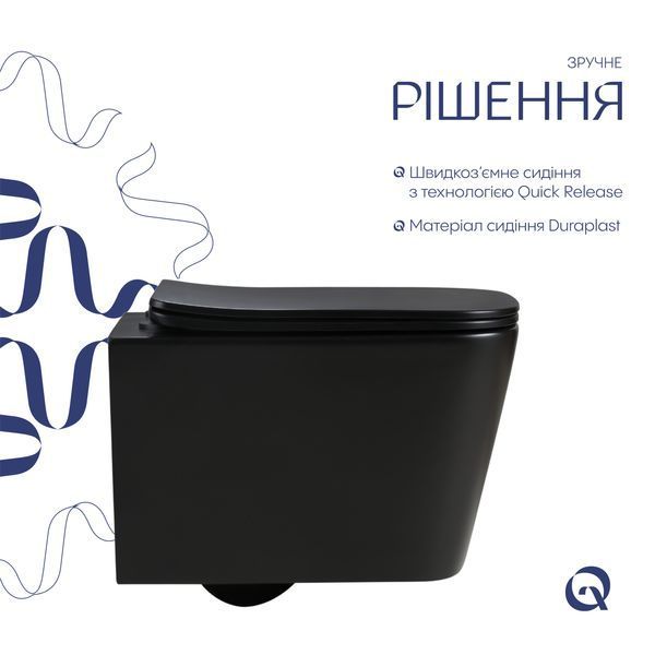 Унитаз подвесной Qtap Crow Ultra Quiet 485&times;340&times;290 мм, Matt Black, с сиденьем Slim Duroplast/ Soft-close/ Quick Release QT05335171MB SD00054229 фото