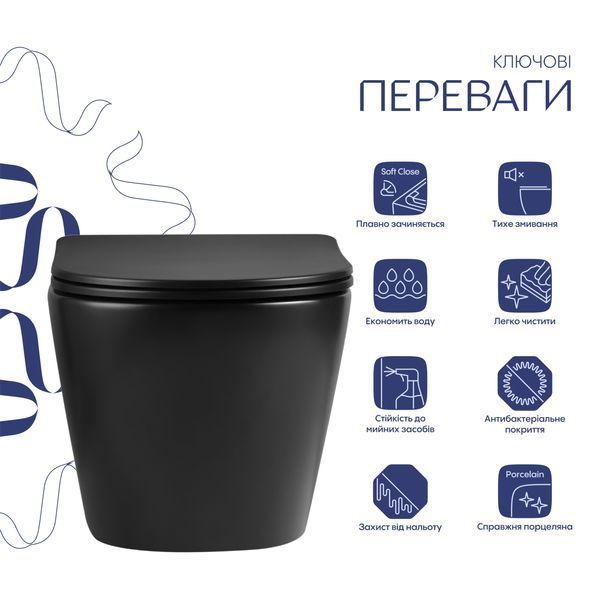 Унитаз подвесной Qtap Jay Ultra Quiet 485х360х320 мм, Matt Black, сиденьем Slim Duroplast/ Soft-close/ Quick Relase QT07335177MB SD00054232 фото