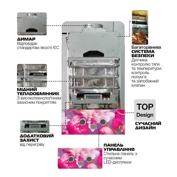 Газова колонка MIXXUS GWH-0410 BASIC GLASS димохідна 10 л/хв (панель зі скла з малюнком) (WH0025) WH0025 фото