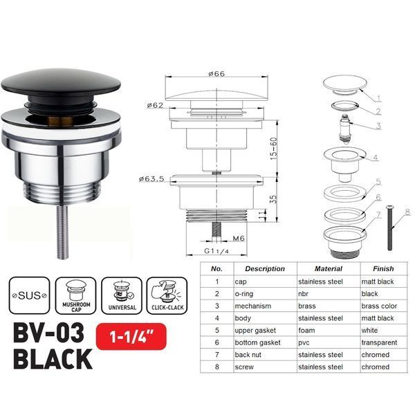 Донный клапан для раковины Zerix BV-03 BLACK 1 1/4'' универсальный (с/без перл) СLICK-СLACK (Цвет черный) (ZX6020) ZX6020 фото