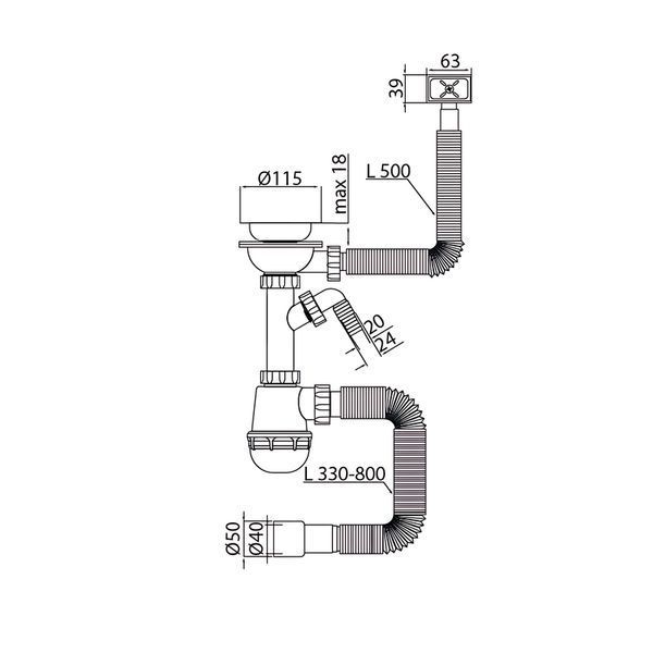 Сифон для кухни Mixxus SK-05-BL 3 1/2"x40 с пластиковой сеткой, отводом для стиральной машины, гибким прямоуг. переливом (MI8192) MI8192 фото