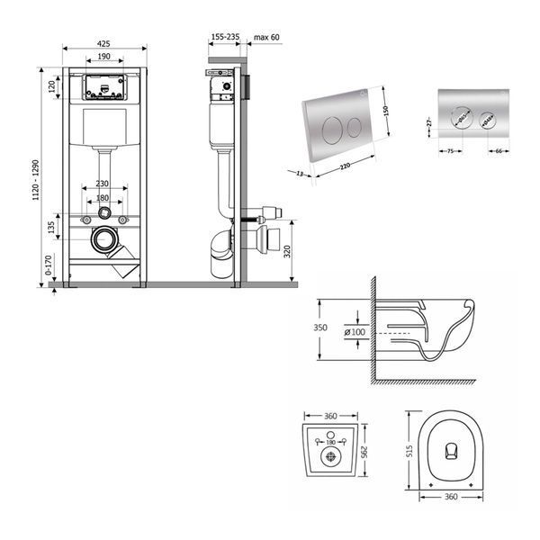 Готовое решение Qtap для ванной комнаты: подвесной унитаз Taurus Ultra Quiet 515&times;360&times;350 + комплект инсталляции Nest 4 в 1 (круглая клавиша Chrome) SD00055996 фото