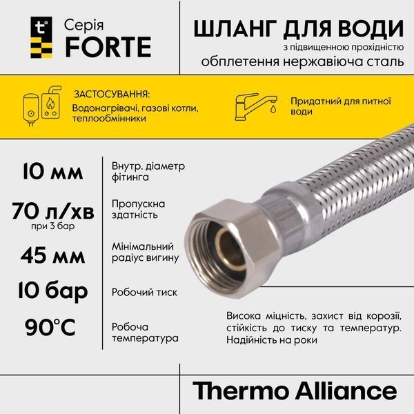 Шланг Forte для воды D10, 60 см, нержавеющая оплетка 1/2"x1/2" ВВ TAF384W60 Thermo Alliance SD00054821 фото