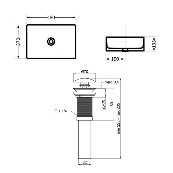 Комплект Qtap Tern: Раковина накладная прямоугольная 480х370х135 мм Matt Black + Донный клапан PU03 SD00053424 фото