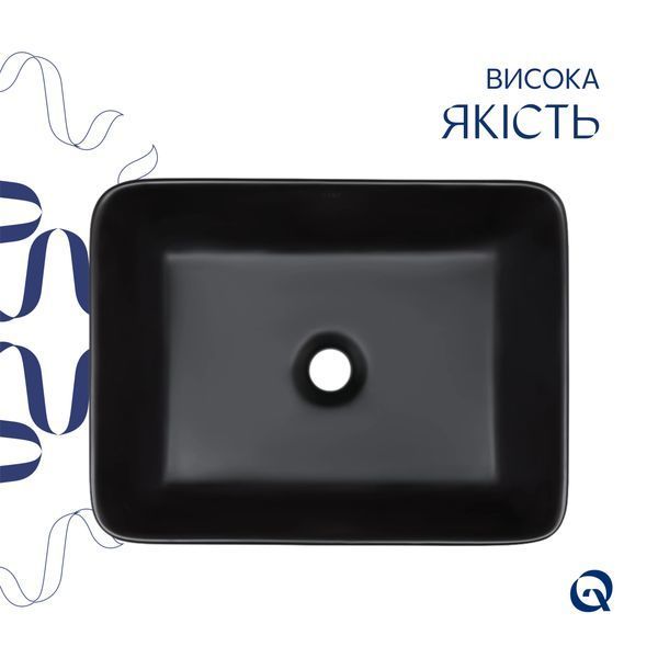 Комплект Qtap Tern: Раковина накладная прямоугольная 480х370х135 мм Matt Black + Донный клапан PU03 SD00053424 фото