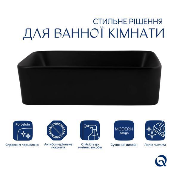 Комплект Qtap Tern: Раковина накладная прямоугольная 480х370х135 мм Matt Black + Донный клапан PU03 SD00053424 фото