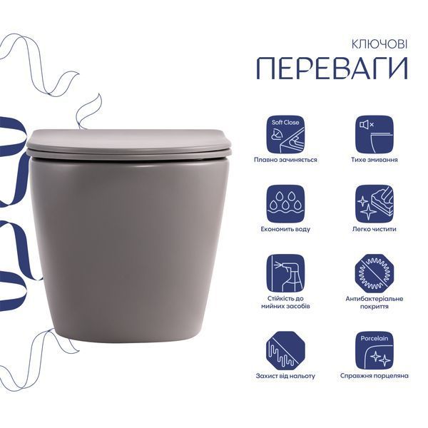 Унитаз подвесной Robin Ultra Quiet 490&times;365&times;325&nbsp;мм, Stone Grey, с сиденьем Slim Duroplast / Soft-close / Quick Release QT13332381АSSG Qtap SD00054282 фото