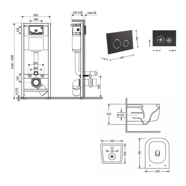 Готовое решение Qtap для ванной комнаты: подвесной унитаз Gemini Ultra Quiet 485&times;340&times;350 + комплект инсталляции Nest 4в1 (круглая клавиша Matt Black) SD00056008 фото
