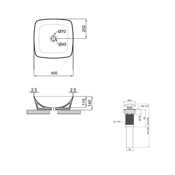 Комплект Qtap Kolibri: Раковина накладная 400x400x140 мм, White, квадратная + Донный клапан Pop-up PU02 SD00054590 фото