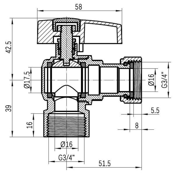 Кран шаровой Thermo Alliance Standart 3/4"ВВ угловой, PN40, с накидной гайкой TAS223W20 SD00054690 фото