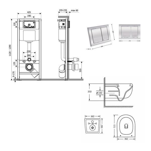 Готовое решение Qtap для ванной комнаты: подвесной унитаз Taurus Ultra Quiet 515&times;360&times;350 + комплект инсталляции Nest 4 в 1 (квадратная клавиша Chrome) SD00055995 фото