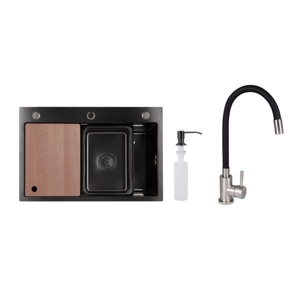 Акционный набор Lidz: мойка H6845 D&eacute;cor Blaсk 3,0/1,0 мм + Смеситель Aria для кухни с гибким изливом (k35) Black SD00057364 фото