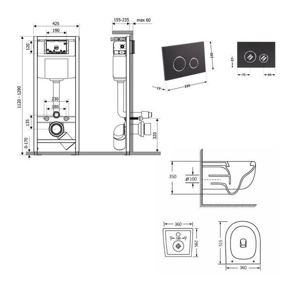 Готовое решение Qtap для ванной комнаты: подвесной унитаз Taurus Ultra Quiet 515&times;360&times;350 + комплект инсталляции Nest 4в1 (круглая клавиша Matt Black) SD00055998 фото