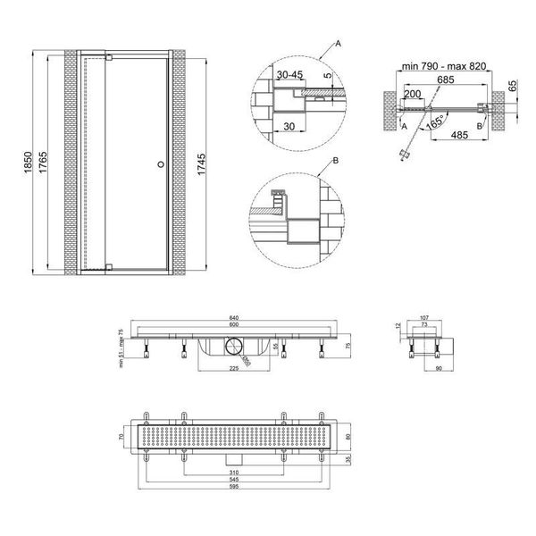 Набір Qtap двері в нішу Pisces WHI208-9.CP5 79-92х185 см, скло Pattern 5 мм + трап лінійний Qtap Dry SD00048906 фото