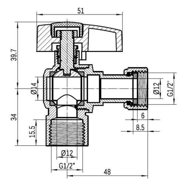 Кран шаровой Thermo Alliance Standart 1/2"ВВ угловой, PN40, с накидной гайкой TAS223W15 SD00054689 фото
