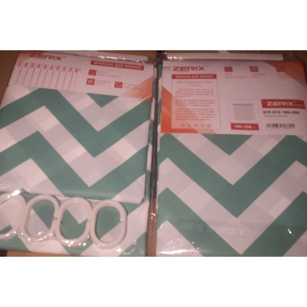 Шторка для ванной Zerix SCP-015-180x200 из PEVA (полиэтиленвинилацетата) (Узор "Зигзаг" бело-зеленый) (ZX6088) ZX6088 фото