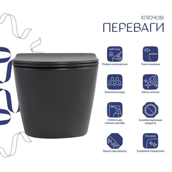 Унітаз підвісний Qtap Robin Ultra Quiet 520&times;365&times;340 мм, Anthracite, з сидінням Slim Duroplast / Soft-close / Quick Release QTROB26AN48995 SD00055119 фото